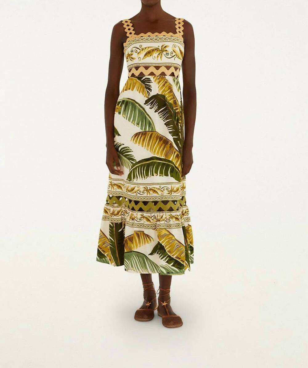 NEW FARM RIO tropical ric rac square neck midi dress in trancoso sand